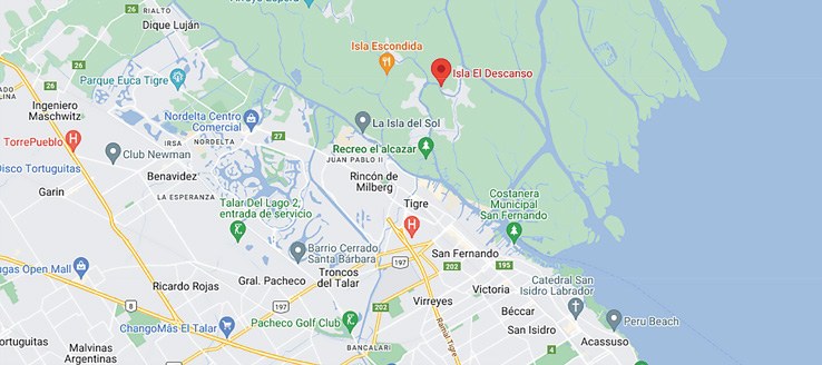Mapa de ubicación de Isla El Descanso en el Delta de Tigre